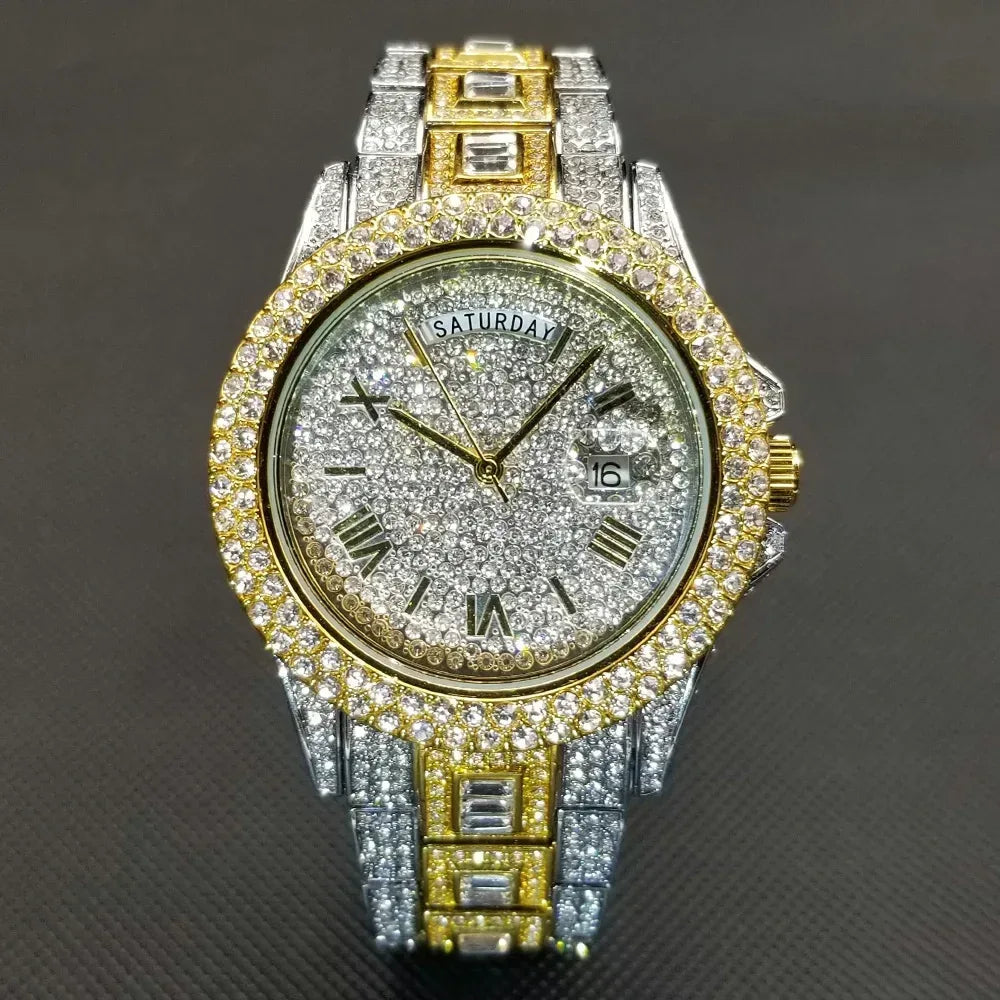 Luxury Day Date Iced Out Watch for Men | Hip Hop Rap Singer Wristwatch | West Coast Street Style Bling Jewelry Clock | Quartz Watch | Caratix - CaratixJewelry